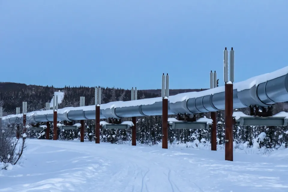 Silver oil pipeline running above ground in snowy area near Fairbanks, Alaska.